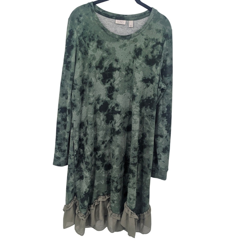 LOGO Lori Goldstein Tieโ Dye Dress Womens Large Green Midi Long Sleeve Ruffle